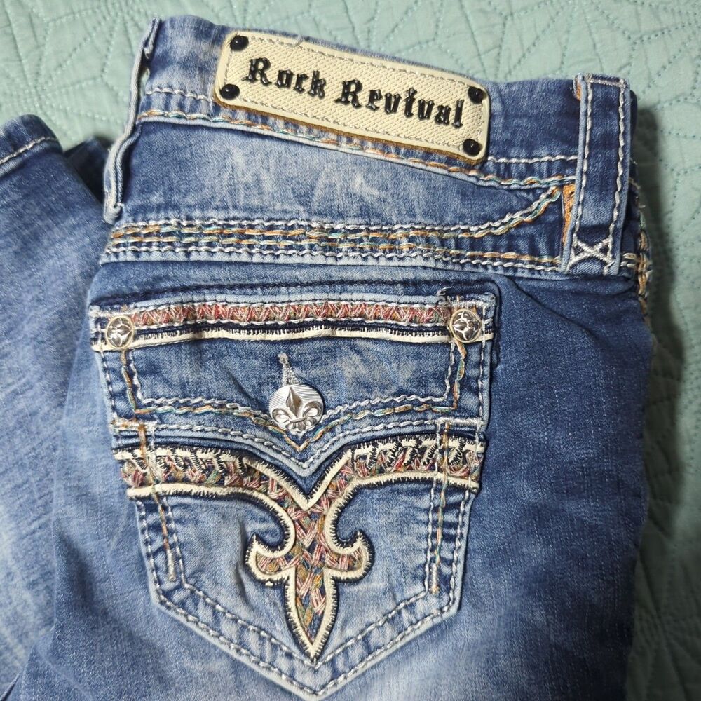 Rock Revival Felina Jeans Easy Crop Sz 28 Women’s Blue Distressed Embroidered - Picture 5 of 15